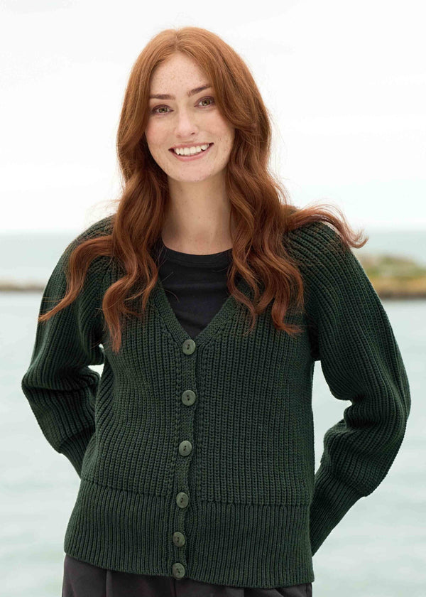 Women's Aran Crafts Ribbed Button V Neck Cardigan | Cedar