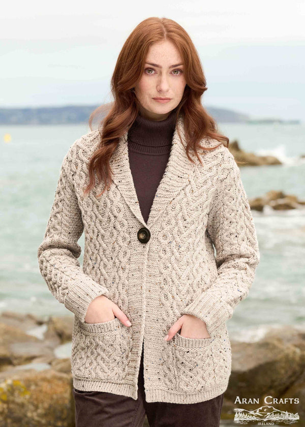 One Button Merino Wool Aran Hearts Cardigan | Oatmeal