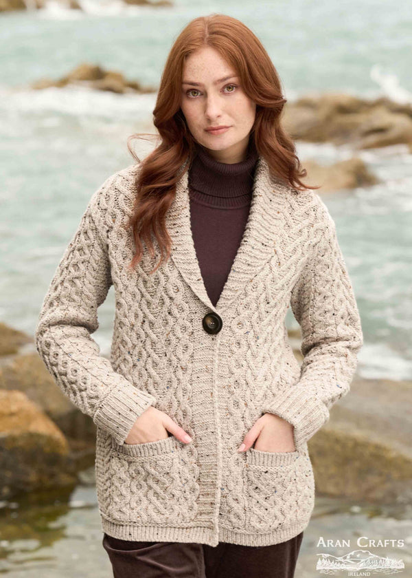 One Button Merino Wool Aran Hearts Cardigan | Oatmeal