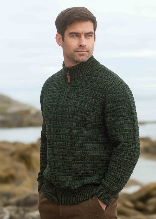 Aran Plated 1/4 Zip Sweater | Men's Irish Merino Wool | Green