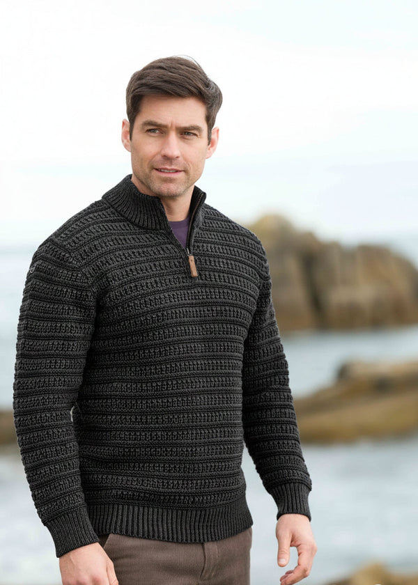 Aran Plated 1/4 Zip Sweater | Men's Irish Merino Wool | Charcoal