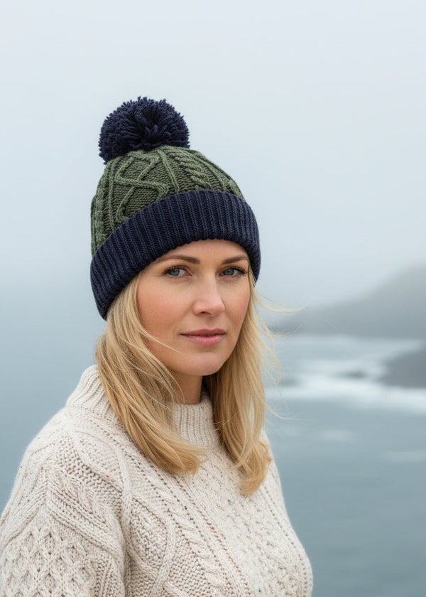 Two Tone Aran Pom Pom Hat | Army Green & Navy