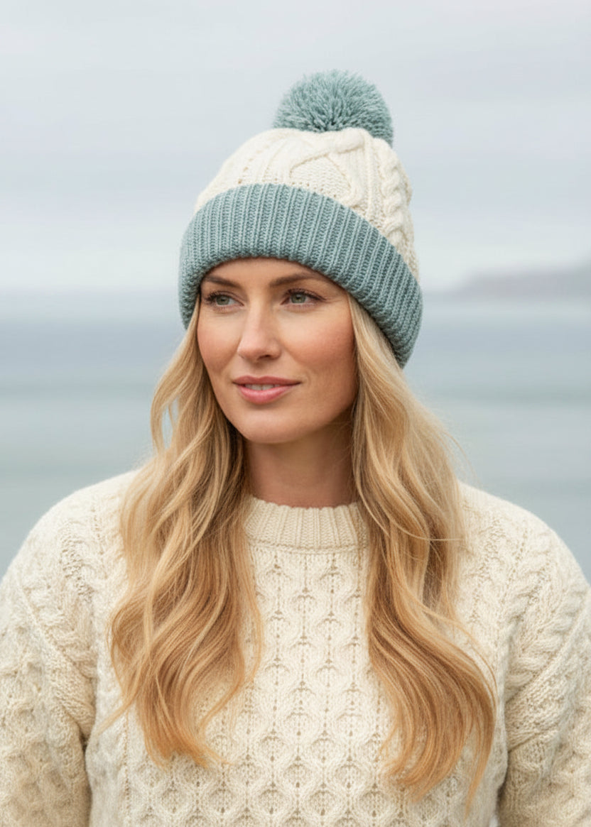 Two Tone Aran Pom Pom Hat | Natural & Mermaid