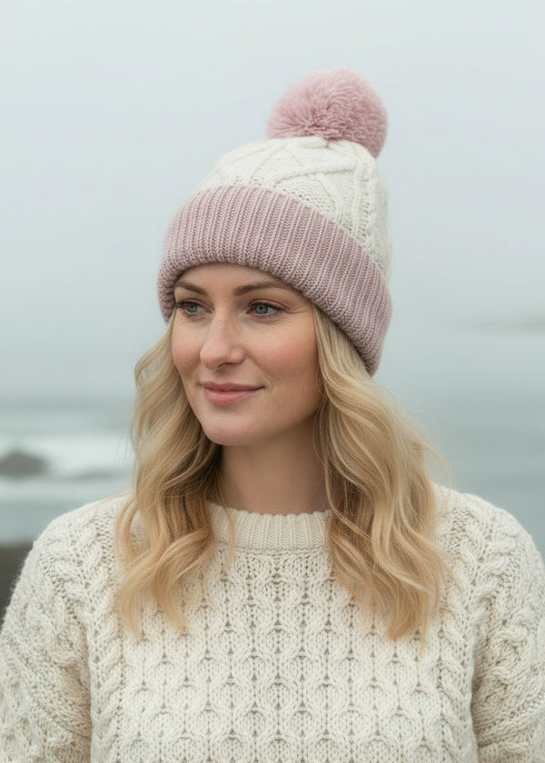 Two Tone Aran Pom Pom Hat | Natural & Pink