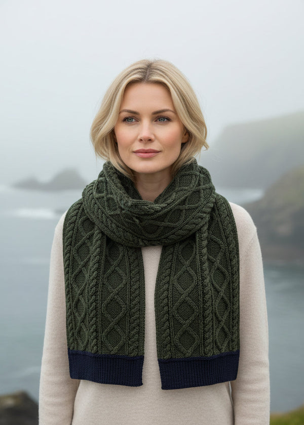 Two Tone Aran Scarf | Army Green & Navy