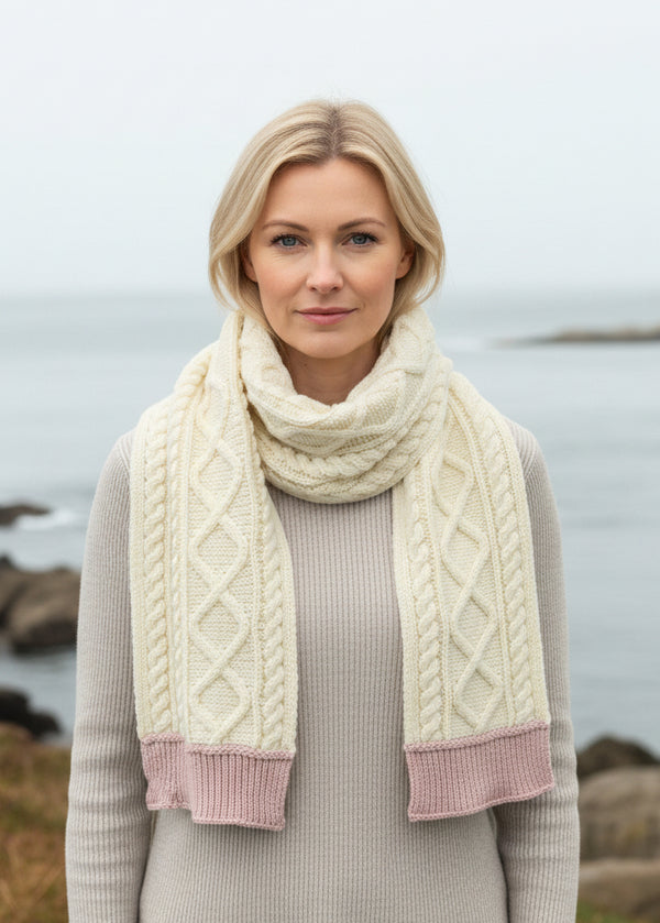 Two Tone Aran Scarf | Natural & Pink