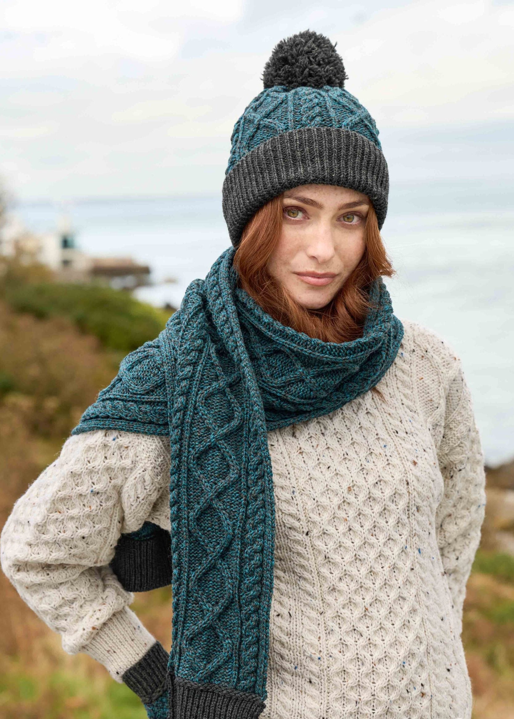 Two Tone Aran Pom Pom Hat | Peacock & Charcoal