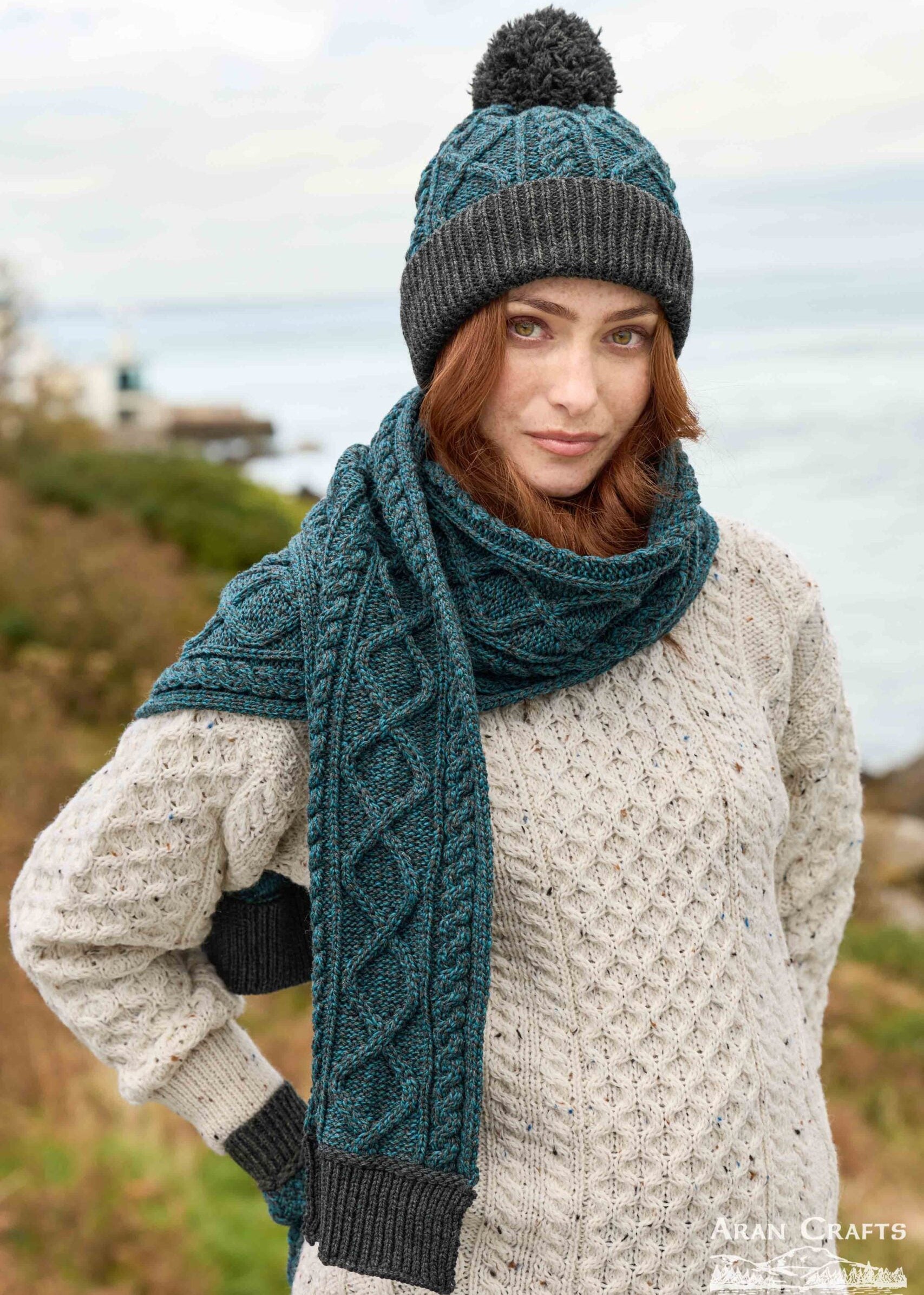 Two Tone Aran Scarf | Peacock & Charcoal