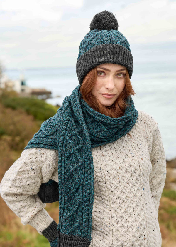 Two Tone Aran Pom Pom Hat | Peacock & Charcoal