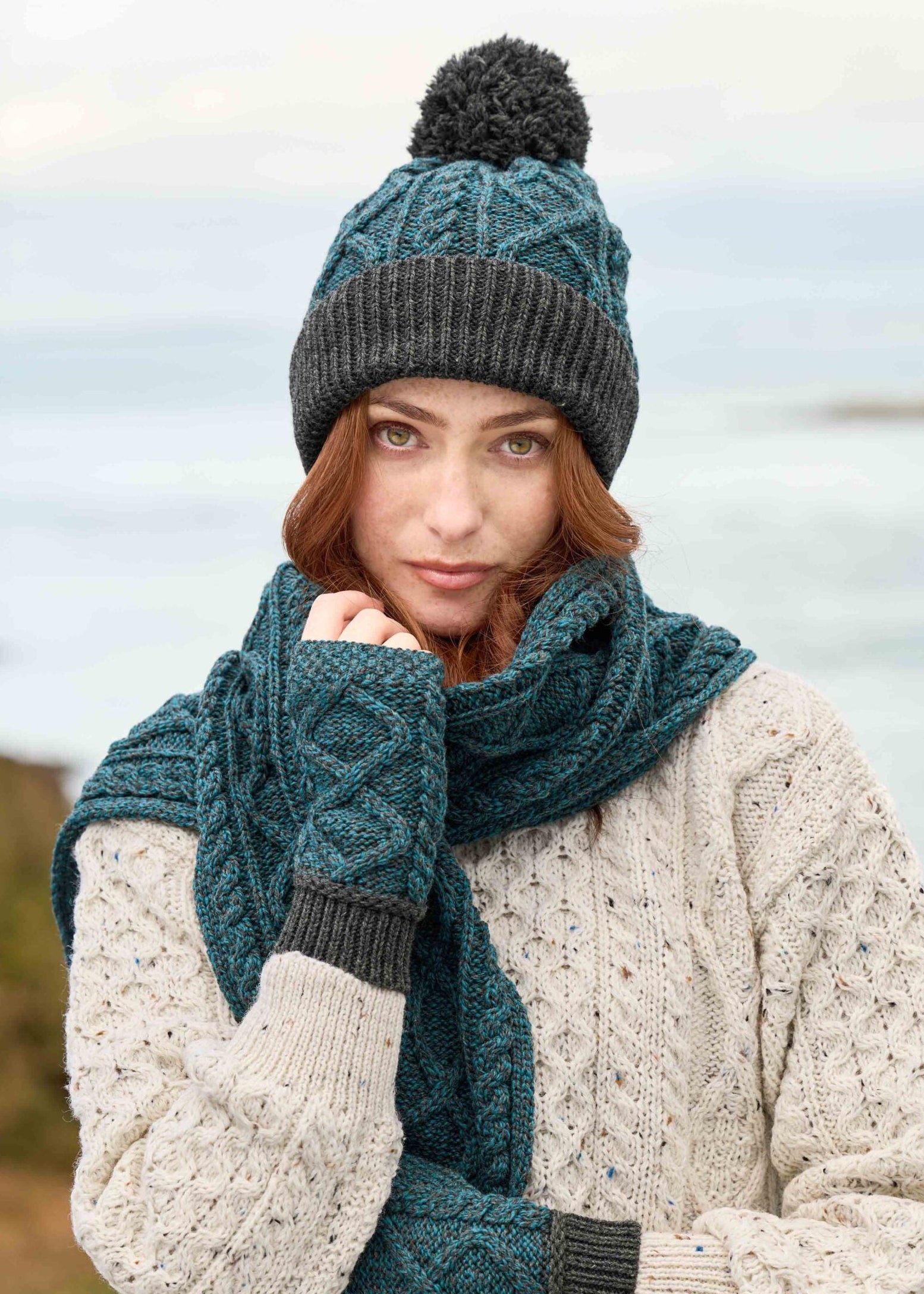 Two Tone Aran Pom Pom Hat – Peacock & Charcoal
