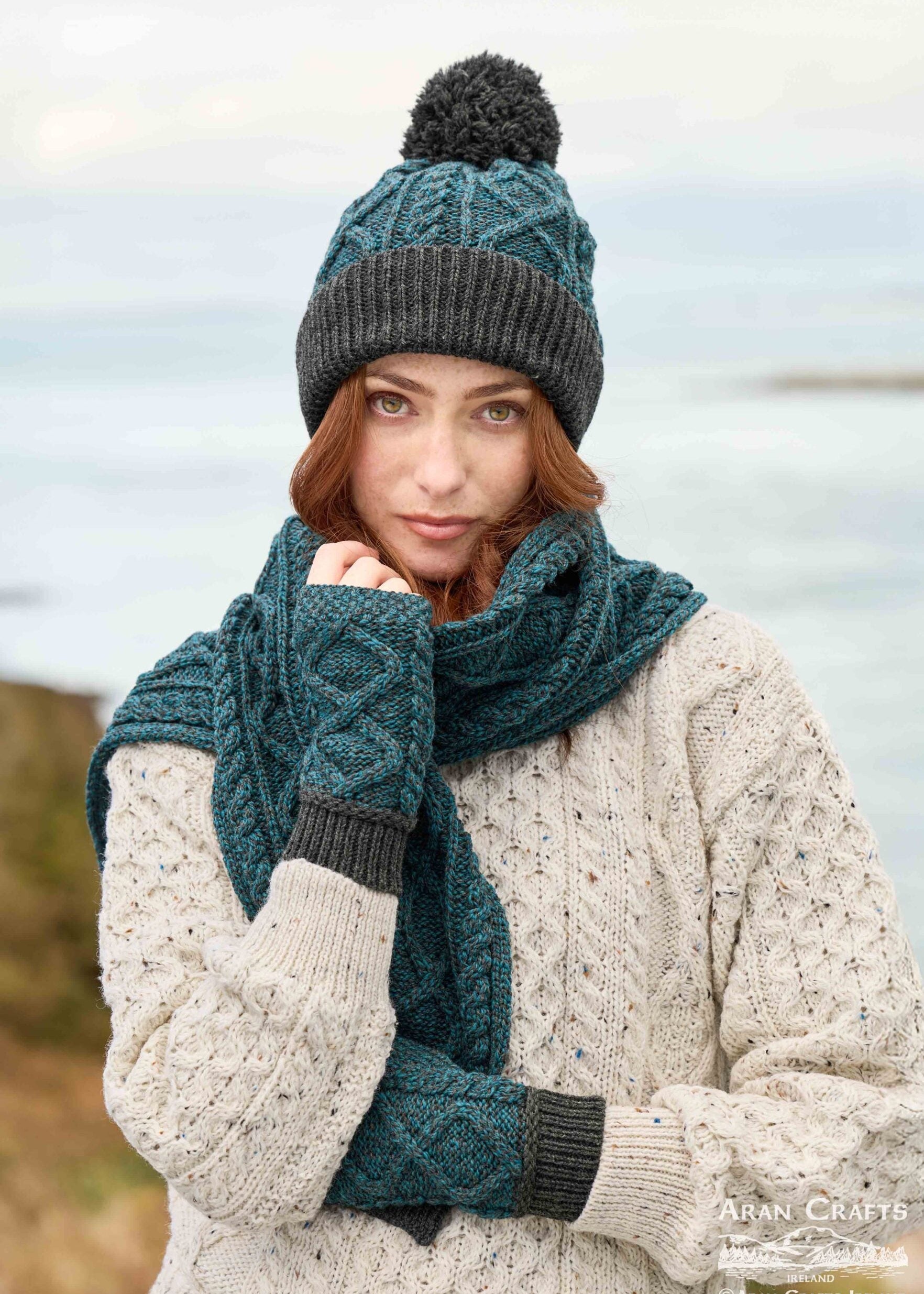 Two Tone Aran Scarf | Peacock & Charcoal