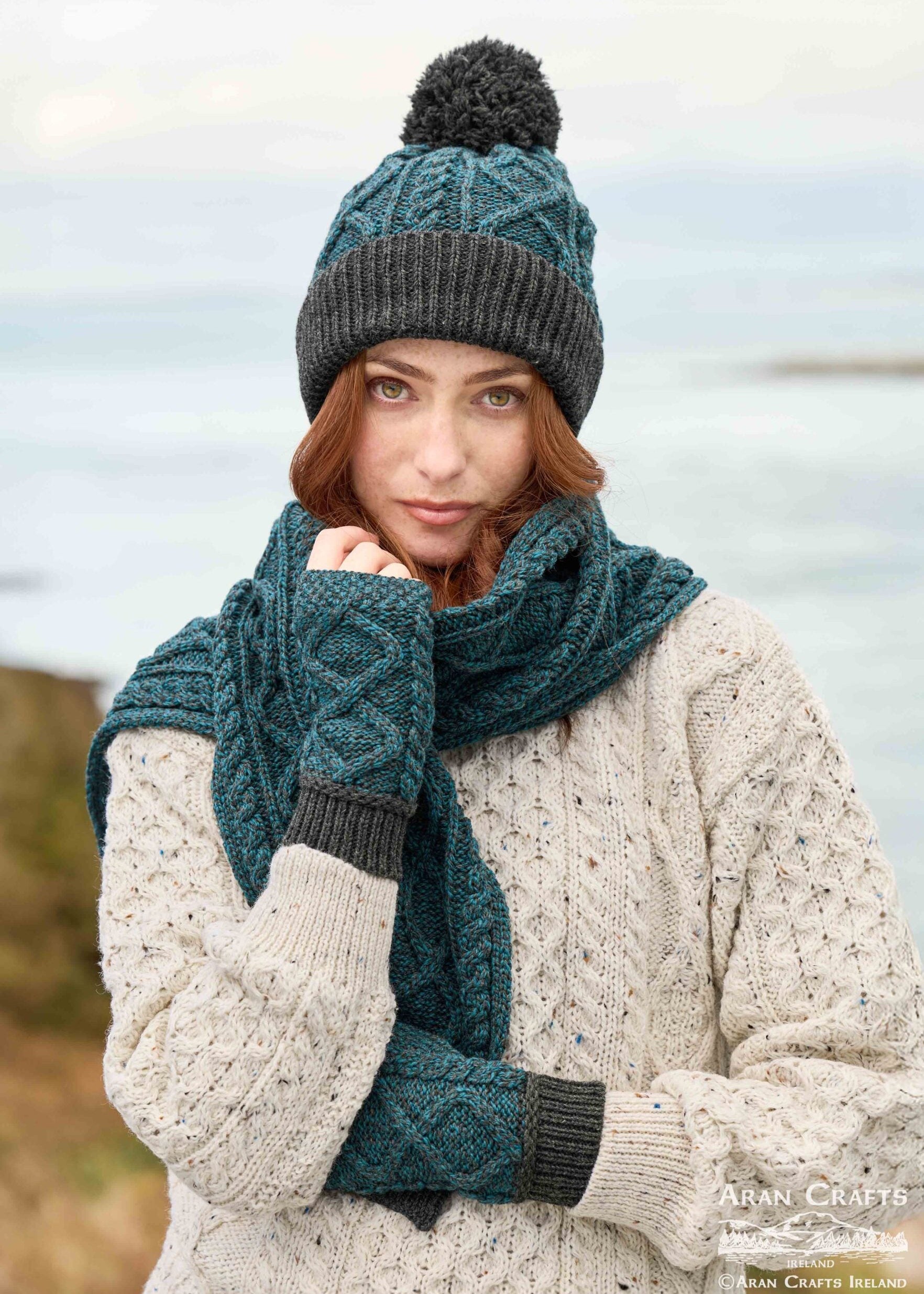 Two Tone Aran Mittens | Peacock & Charcoal