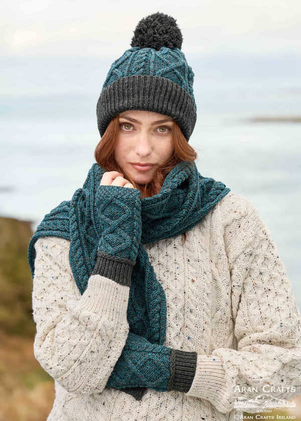 Two Tone Aran Mittens | Peacock & Charcoal
