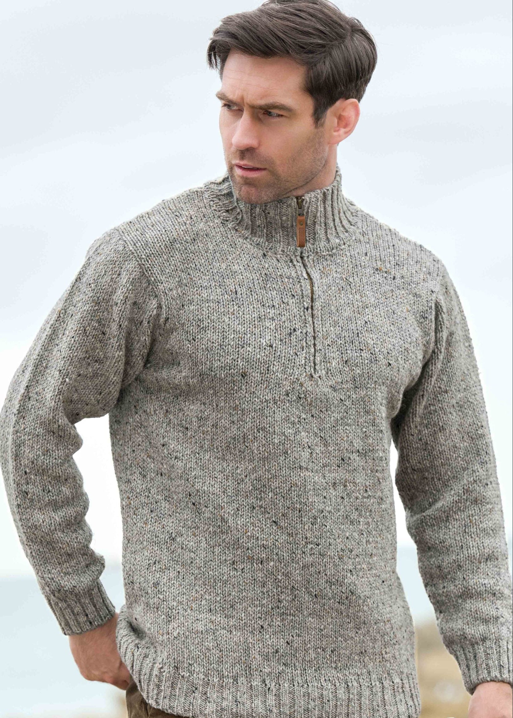 Men's Donegal Wool Half Zip Sweater - Soft Grey | 100% Irish Wool