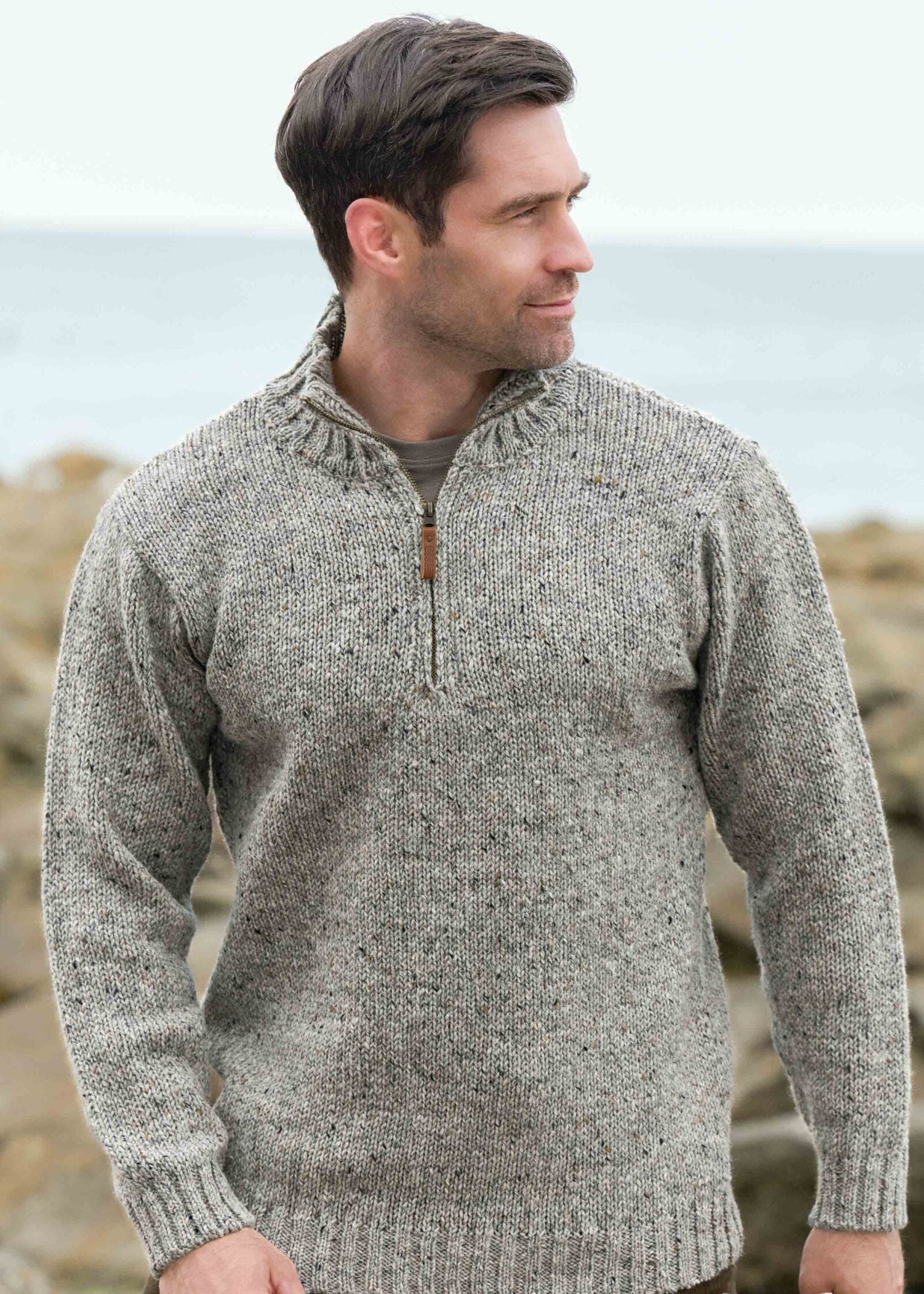 Men's Donegal Wool Half Zip Sweater - Soft Grey | 100% Irish Wool