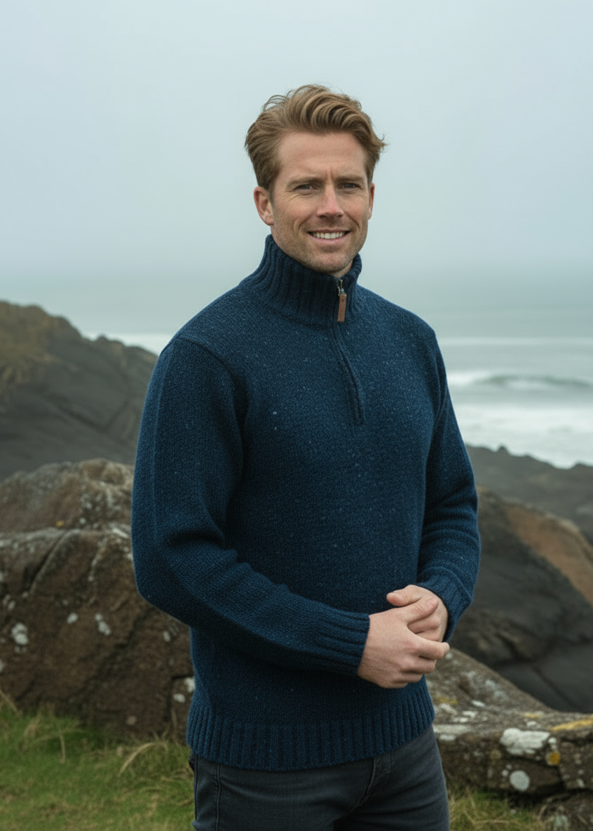 Men's Donegal Wool Half Zip Sweater | Blue