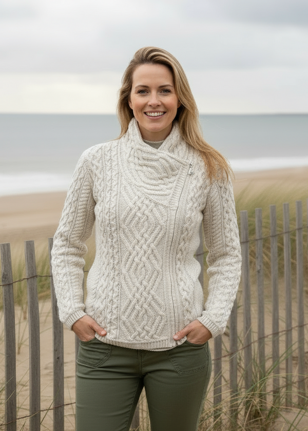 Aran Irish Cable Knit Side Zip Jacket Natural - Main Image
