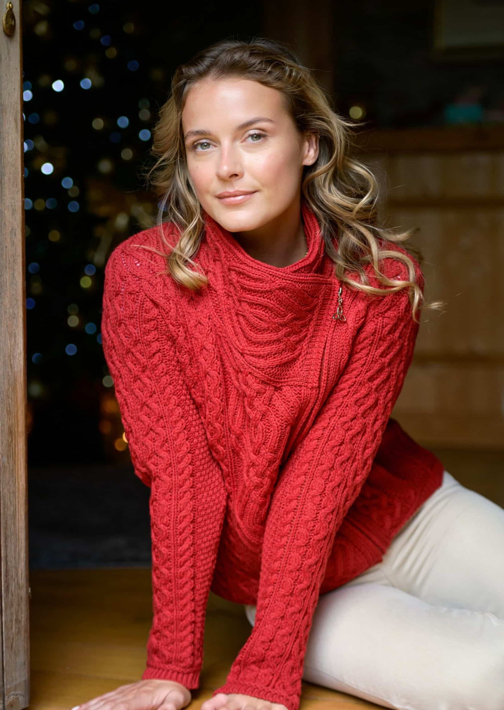 Aran Crafts Women's Cable Knit Wool Herringbone Shawl Hood Coat HD4872 Med Oat