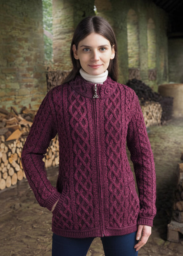 Aran Crafts Plated Zip Cardigan Purple | Merino Wool Irish Knitwear