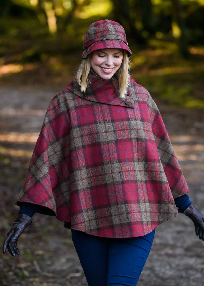 Mucros Poncho | Red Check Wool Tweed