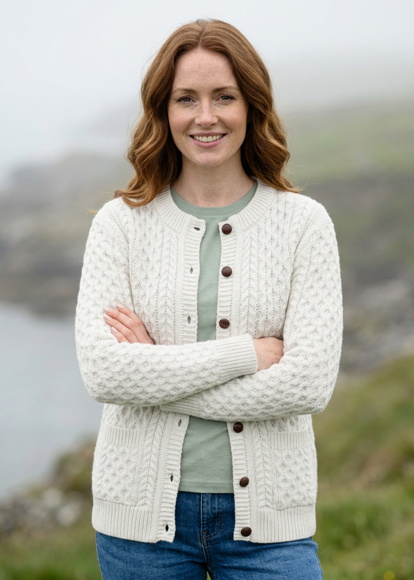 Aran Merino Wool Cable Knit Cardigan | Natural
