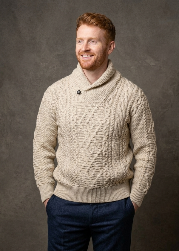 Aran Merino Wool Shawl Neck Sweater | Parsnip