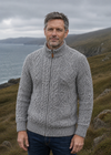 Mens Full Zip Merino Wool Aran Cardigan | Charcoal Marl 