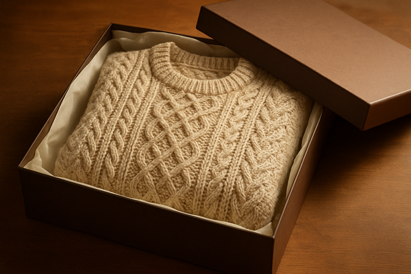a beautiful oatmeal fleck aran sweater, folded and sitting inside a gift box