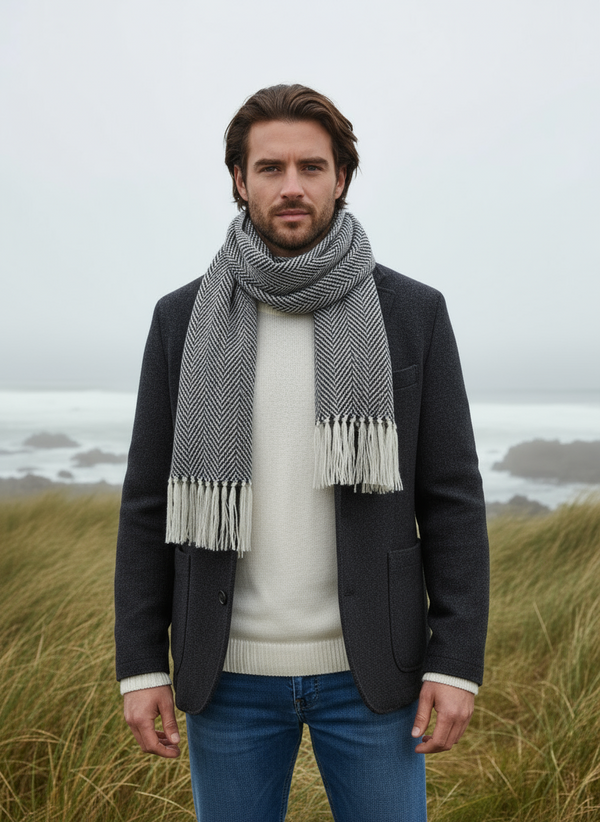 Mucros Alpaca Scarf | Grey Herringbone