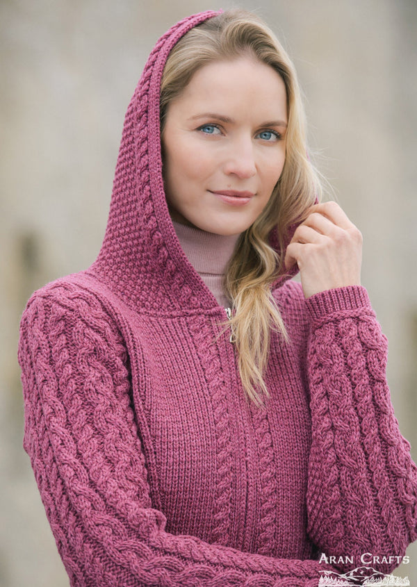 Aran Women's Hooded Pocket Cardigan | Berry