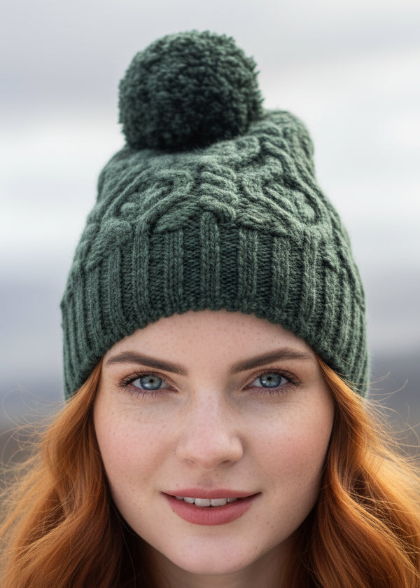 Leaf Design Aran Hat | Green - Clearance