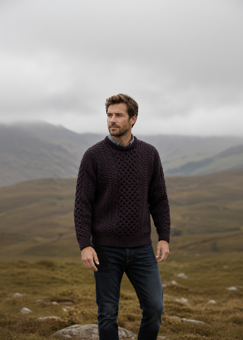Men's Traditional Aran Merino Wool Sweater | Velvet Plue