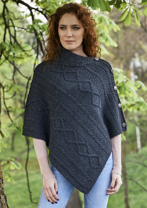 Cable Knit Cowl Neck Aran Poncho | Charcoal