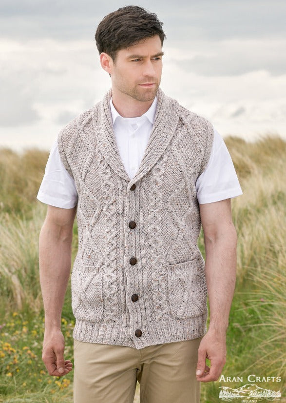 Aran Crafts Men's Wool Shawl Collar Waistcoat - Oatmeal