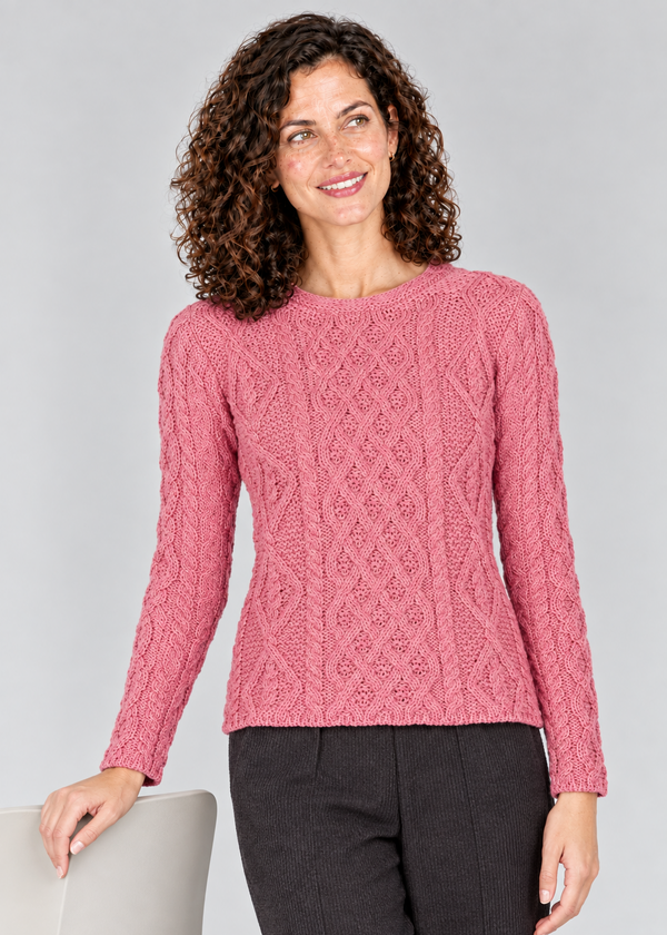 Women's Lambay Aran Sweater - Rosa Pink | 100% Merino Wool | IrelandsEye