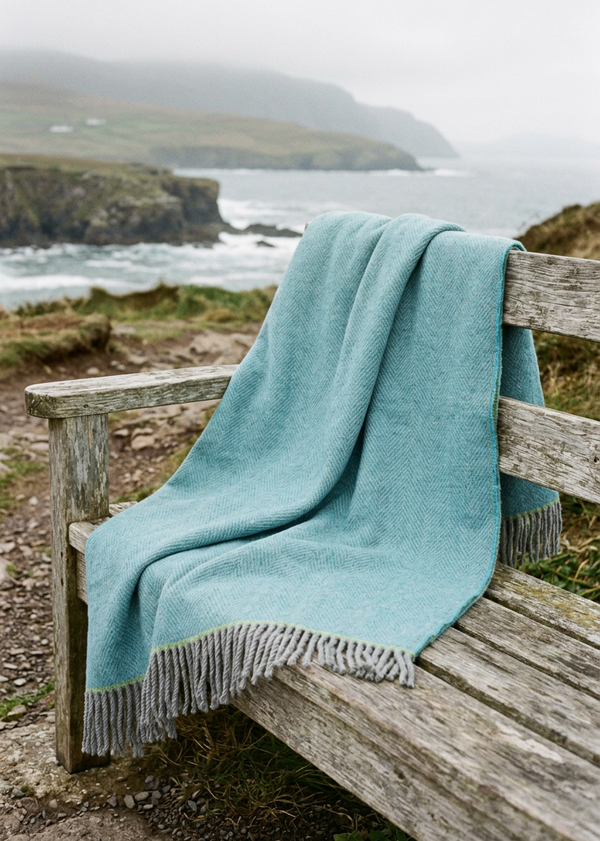 McNutt Blue Herringbone Pure Wool Throw 200 × 150cm 