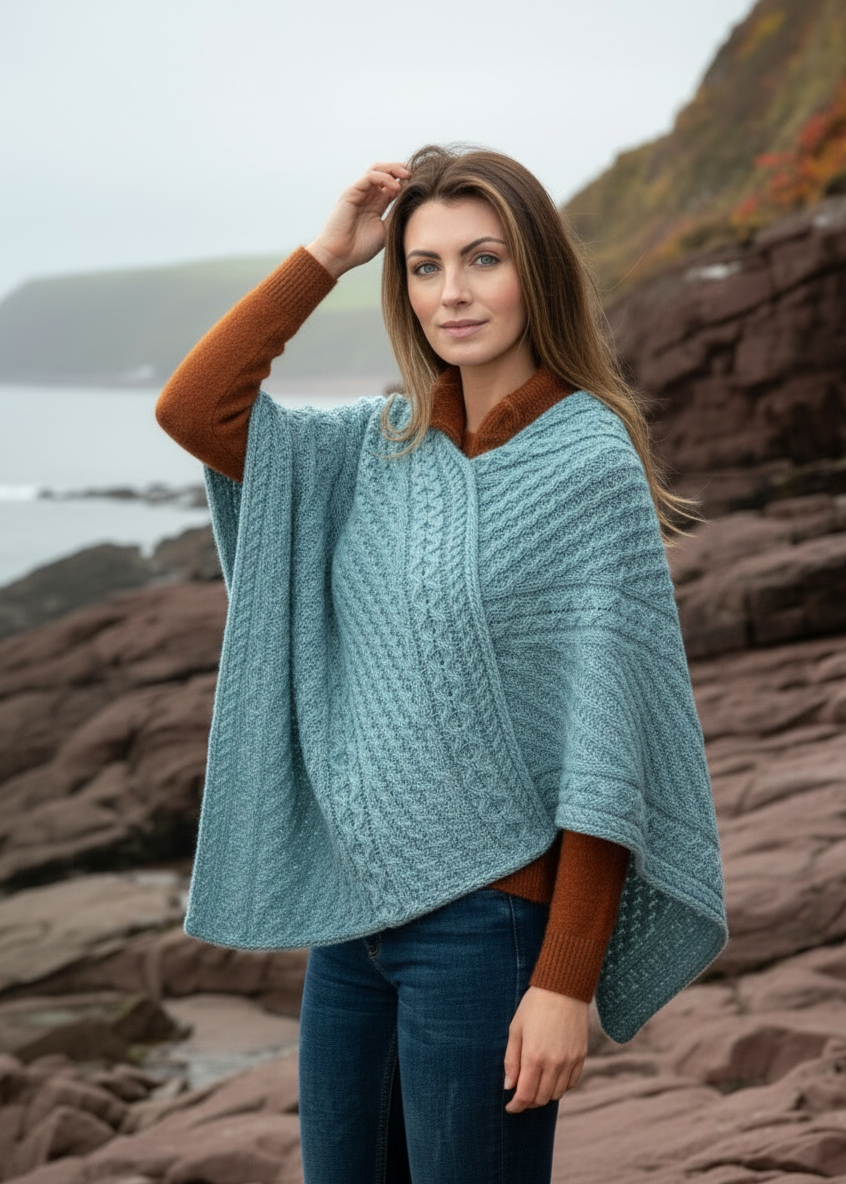 Aran Cable Knit V-Neck Poncho | Aqua Merino Wool