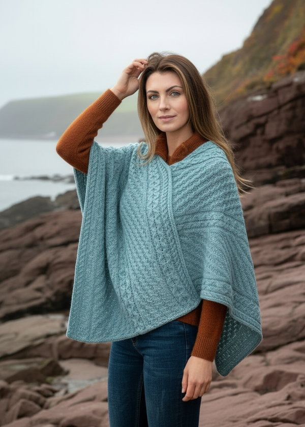 Aran Cable Knit V-Neck Poncho | Aqua Merino Wool