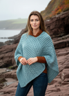 Aran Cable Knit V-Neck Poncho | Aqua Merino Wool