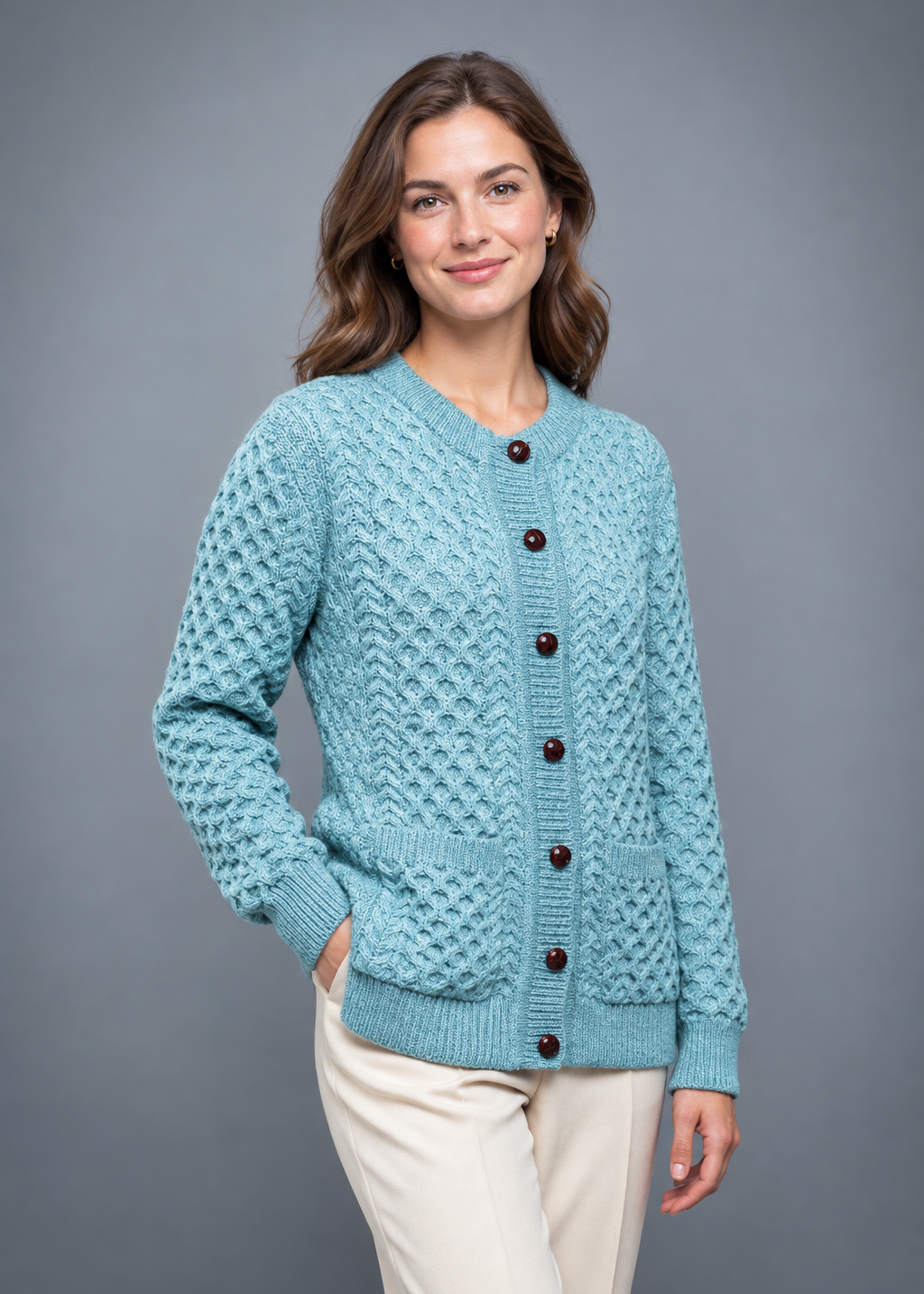 Aran Cable Knit Cardigan | 100% Wool | Aqua