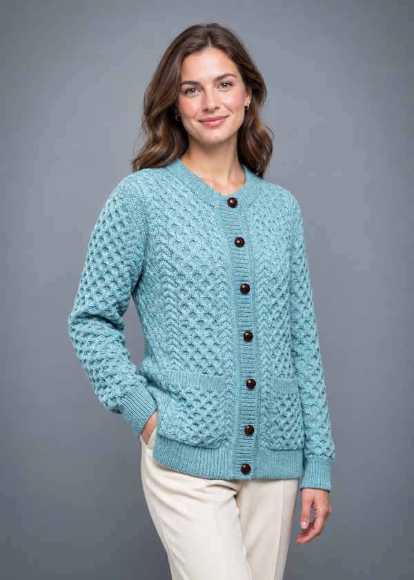 Aran Cable Knit Cardigan | 100% Wool | Aqua