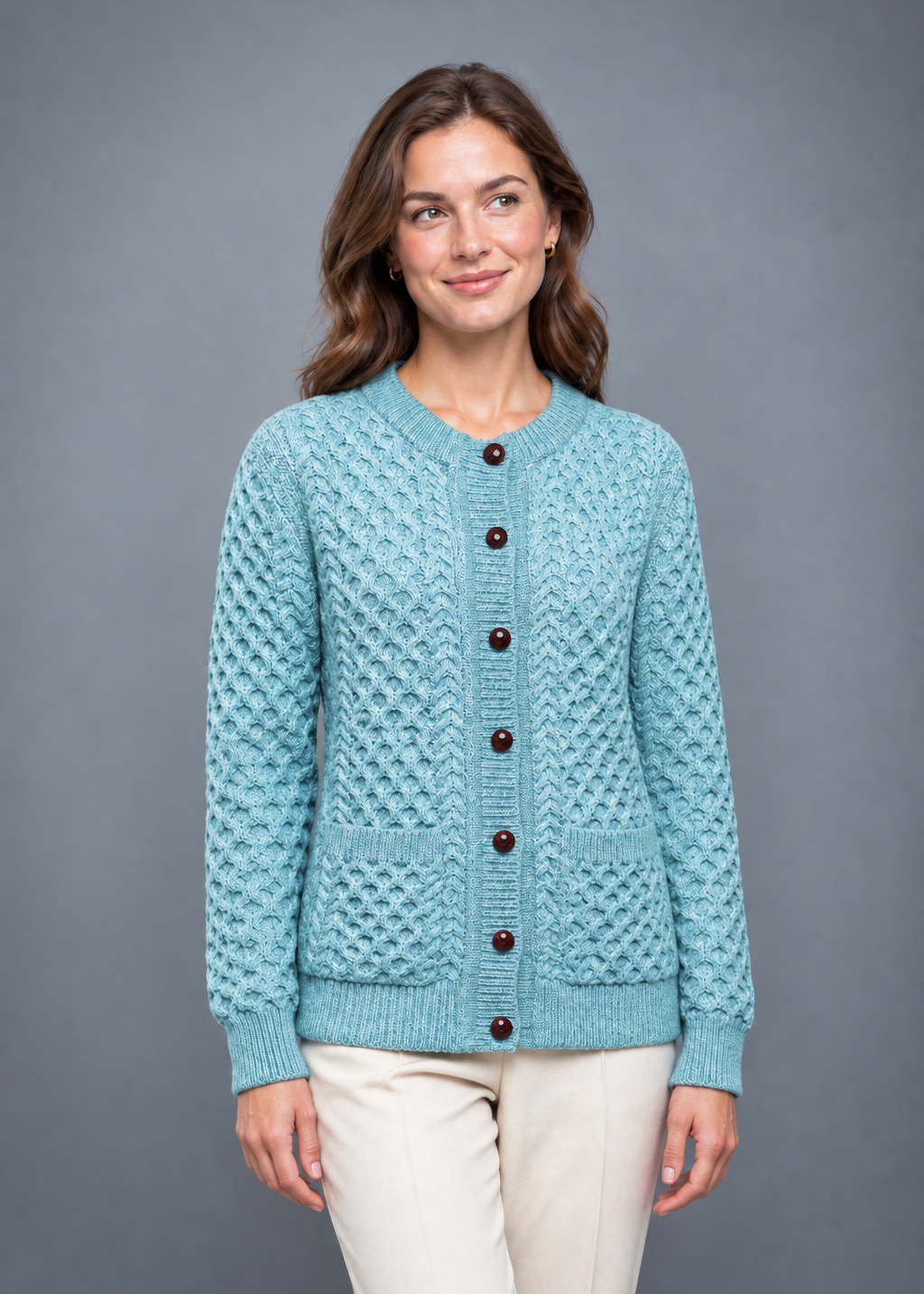Aran Cable Knit Cardigan | 100% Wool | Aqua