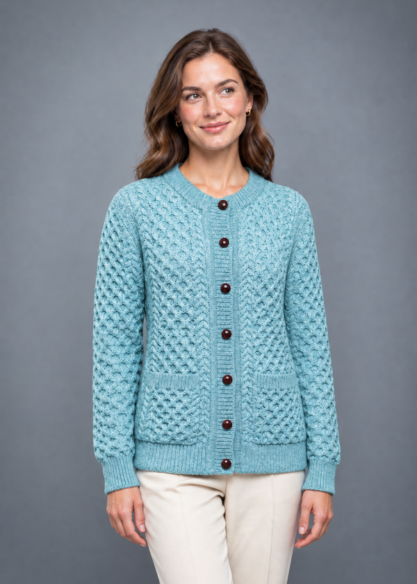 Aran Cable Knit Cardigan | 100% Wool | Aqua