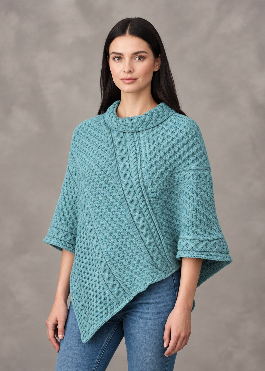 Aran Merino Wool Cowl Poncho | Aqua | Premium Heritage Knitwear