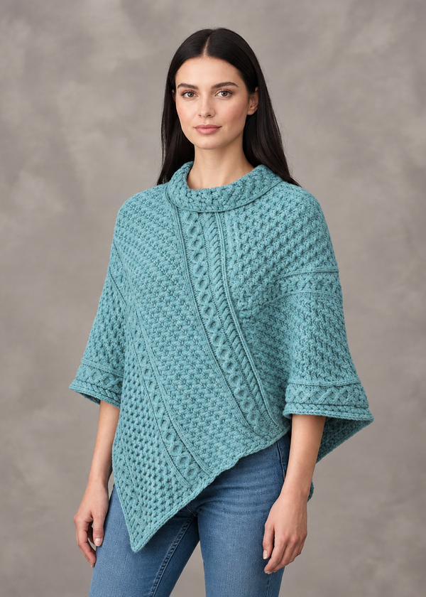 Aran Merino Wool Cowl Poncho | Aqua | Premium Heritage Knitwear