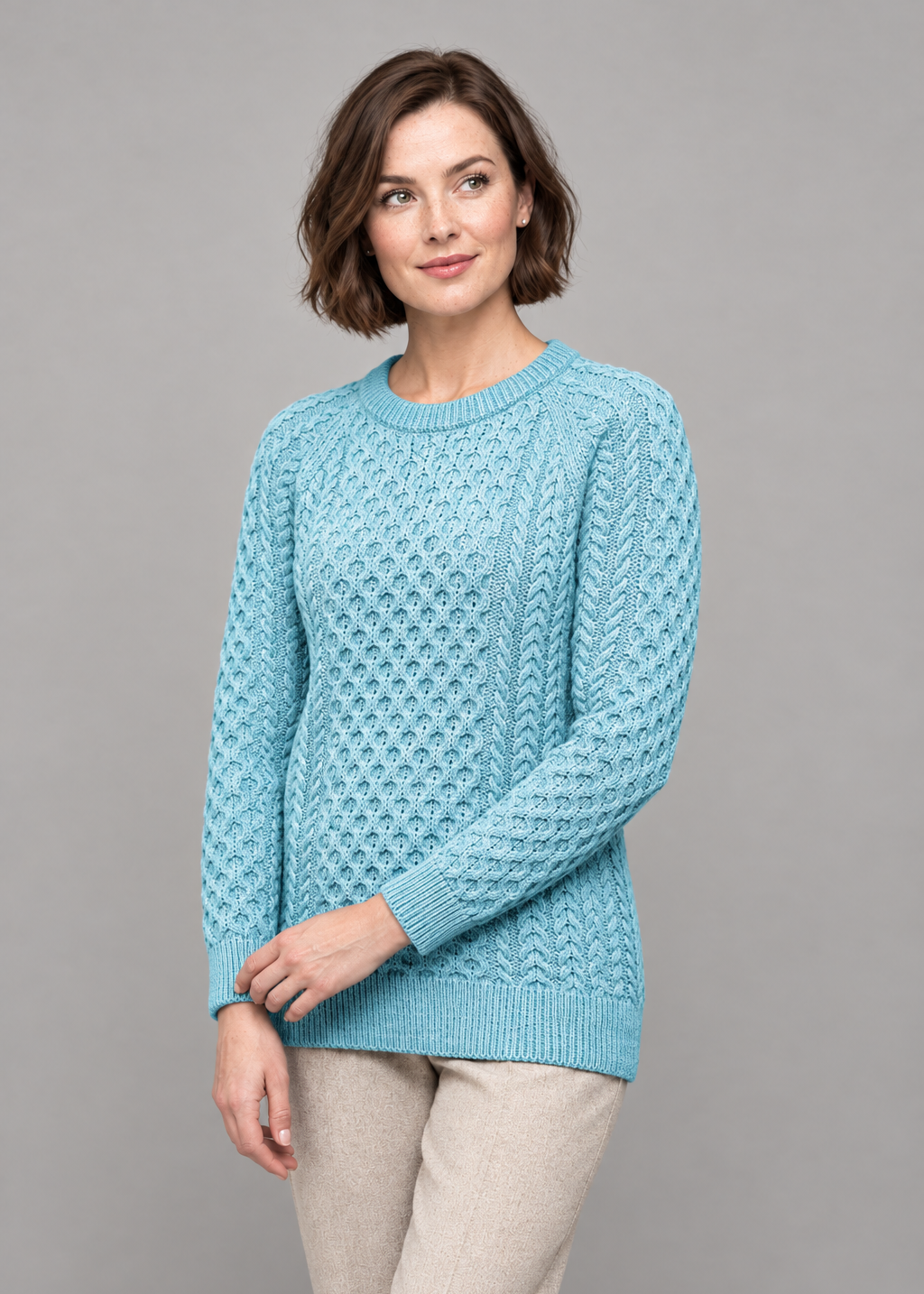 Women's Slim-Fit Aran Cable Knit Sweater - 100% Merino Wool | Aqua