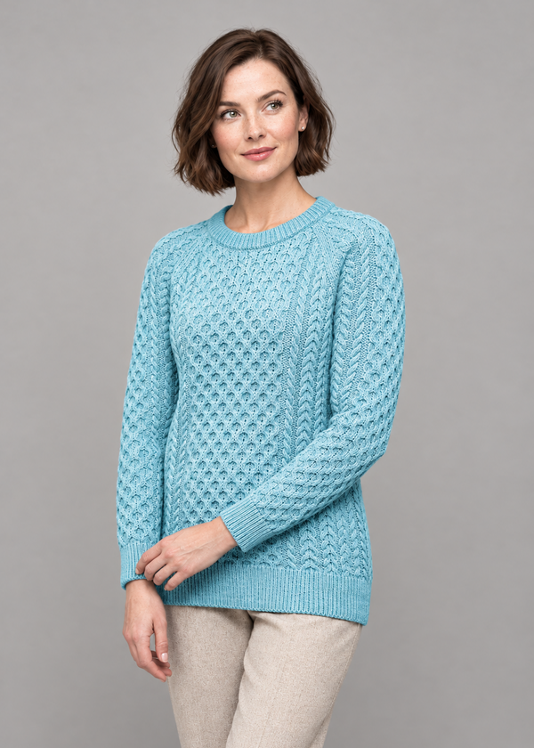 Women's Slim-Fit Aran Cable Knit Sweater - 100% Merino Wool | Aqua