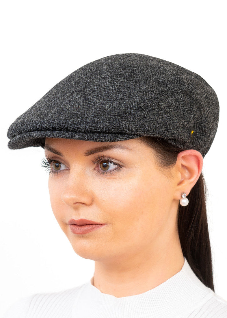 Pure Wool Aran Cap in Charcoal Herringbone | Traditional Irish Craftsmanship