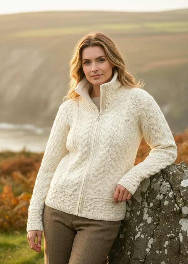 Aran Double Collar Trinity Cardigan Natural Cream | 100% Merino Wool | Irish Knitwear