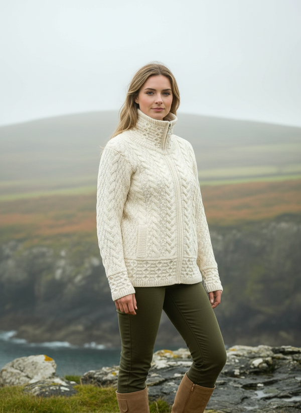 Aran Double Collar Trinity Cardigan Natural Cream | 100% Merino Wool | Irish Knitwear Lifestyle 2